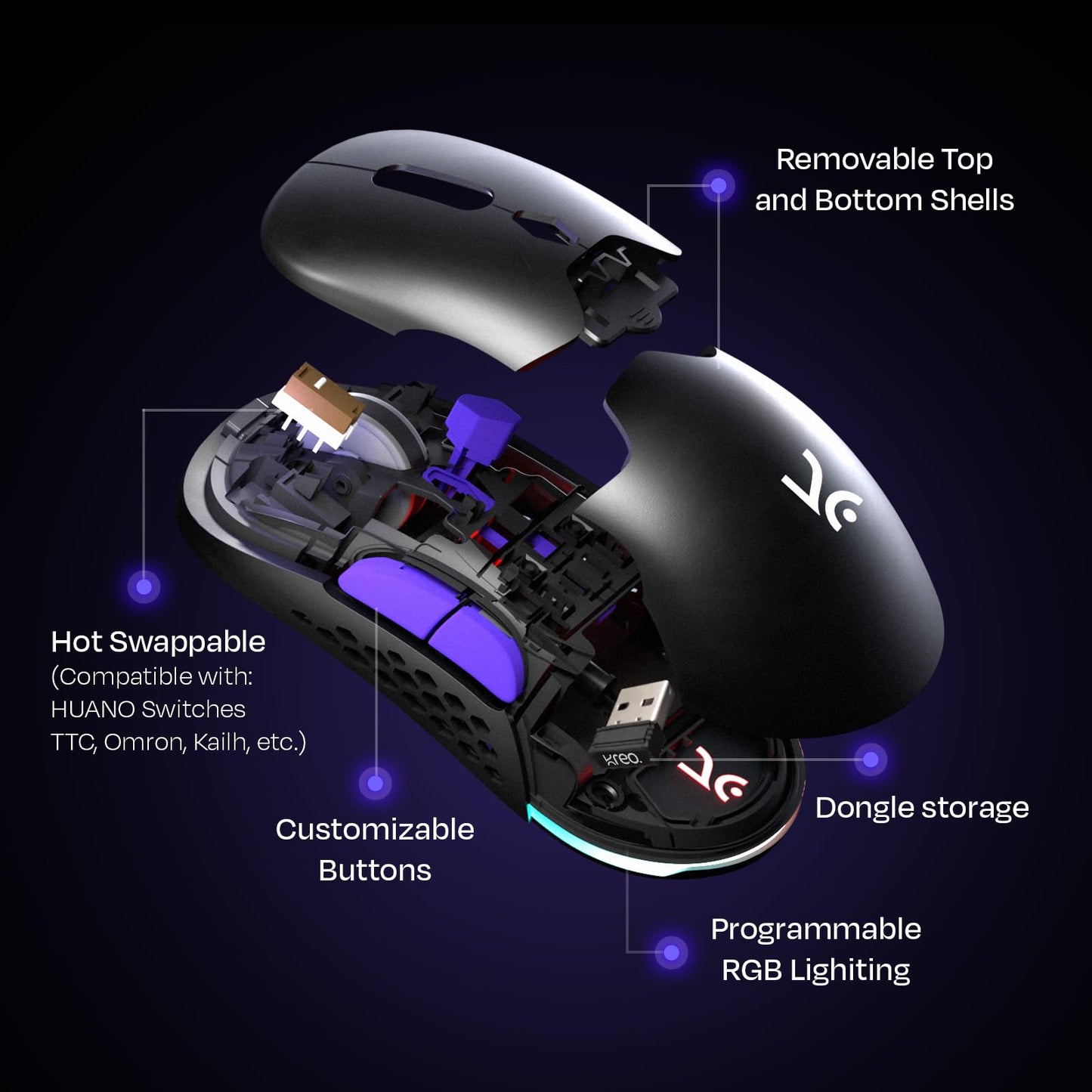 Kreo Chimera RGB Wireless Gaming Mouse with Hot-swappable Switches & 7 Programmable Buttons | Swappable Shells & Switches Included | Adjustable DPI Upto 10000 (Wireless, Black Onyx)