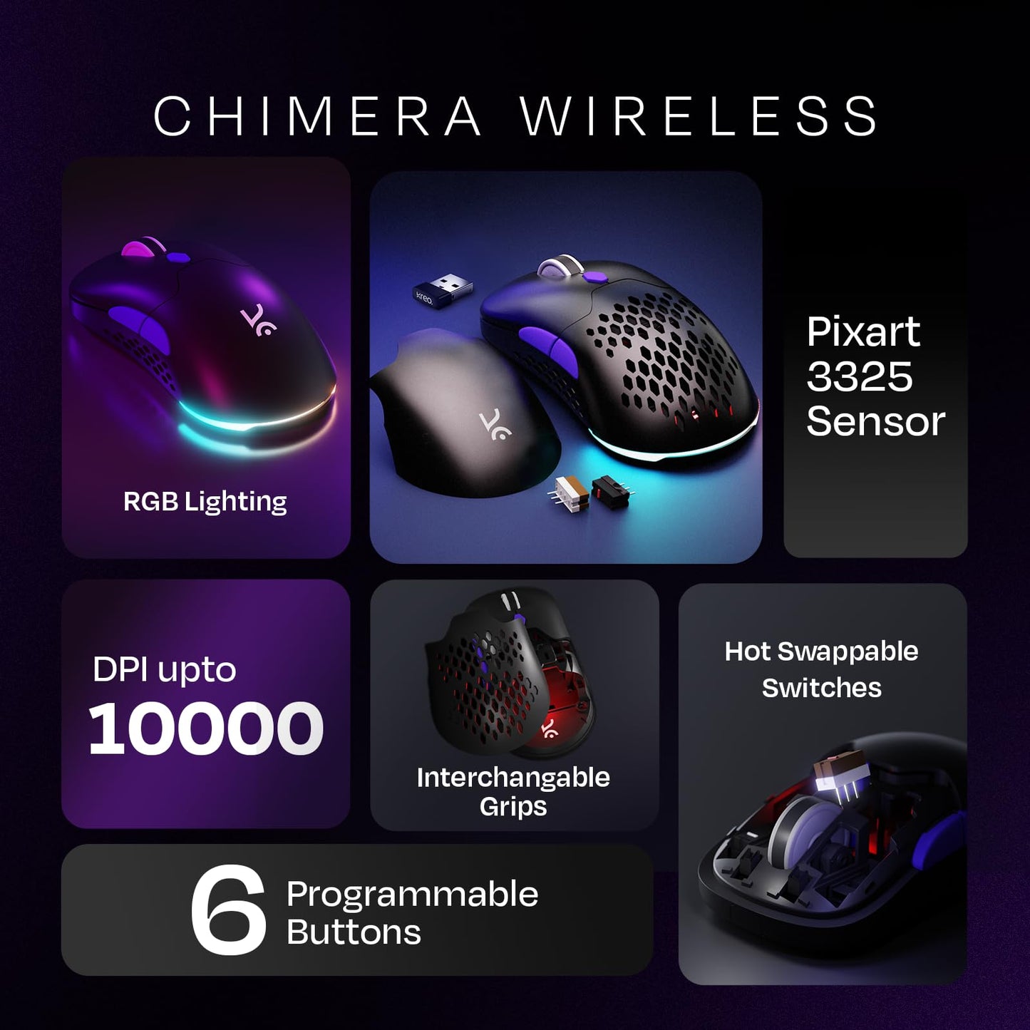 Kreo Chimera RGB Wireless Gaming Mouse with Hot-swappable Switches & 7 Programmable Buttons | Swappable Shells & Switches Included | Adjustable DPI Upto 10000 (Wireless, Black Onyx)